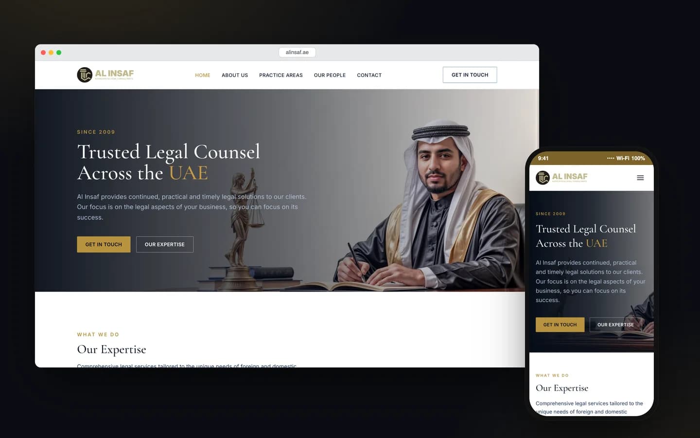 ماکاپ دسکتاپ و موبایل از صفحه اصلی وب‌سایت AL INSAF