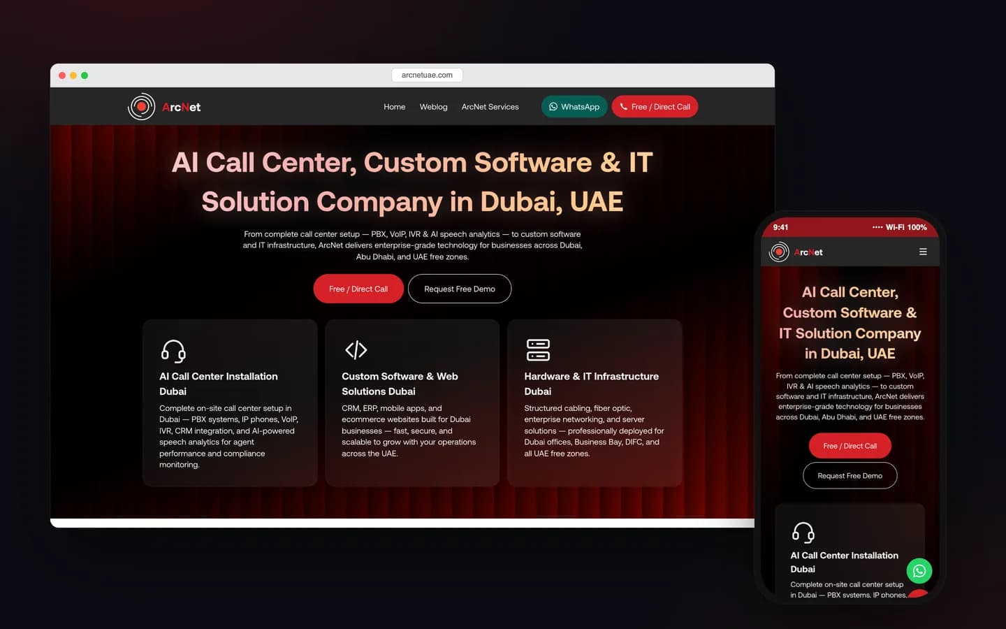 ماکاپ دسکتاپ و موبایل از صفحه اصلی وب‌سایت ArcNet