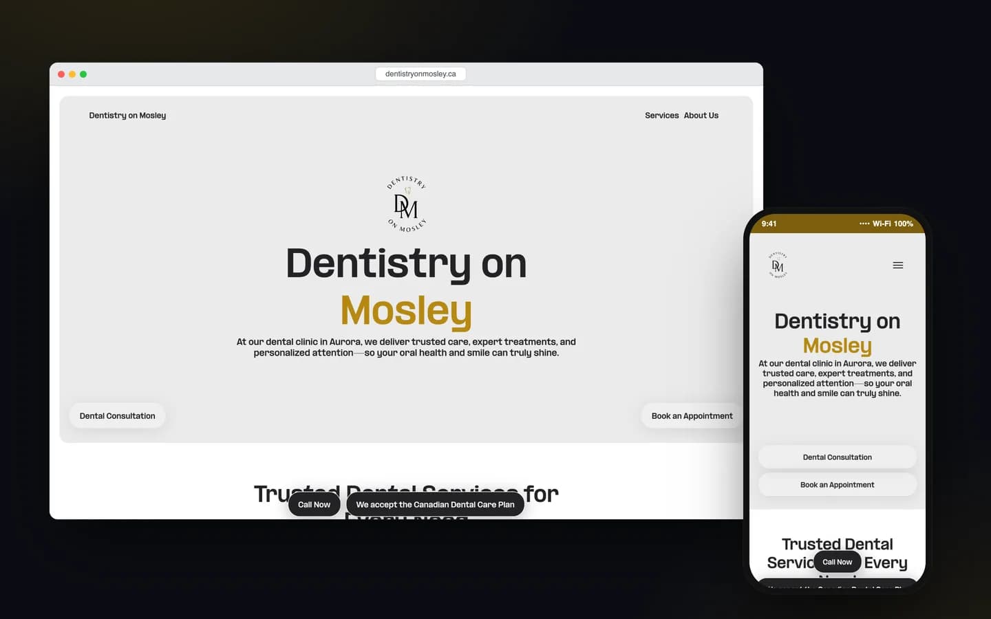 ماکاپ دسکتاپ و موبایل از صفحه اصلی وب‌سایت Dentistry on Mosley