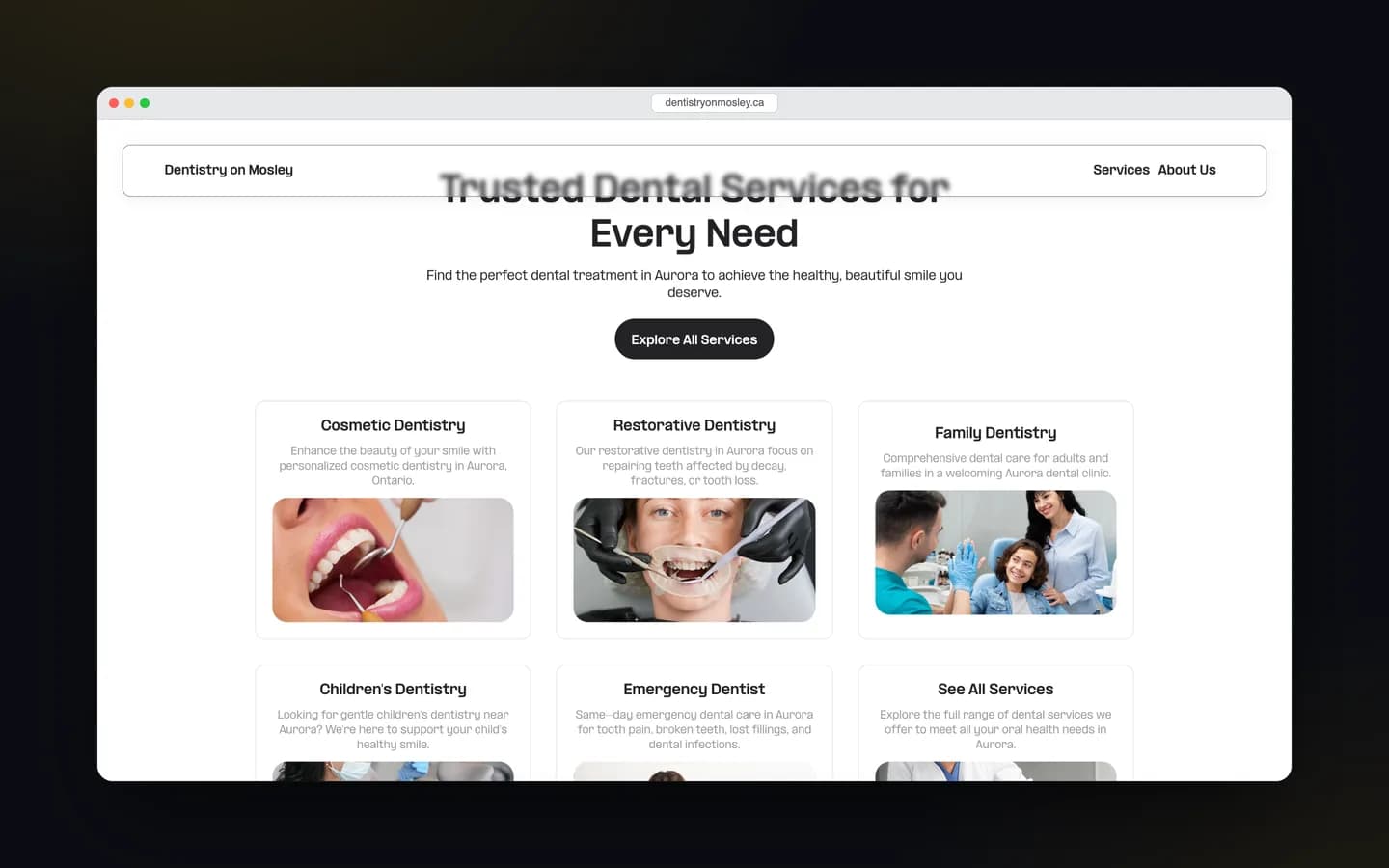 بخش فهرست خدمات وب‌سایت Dentistry on Mosley