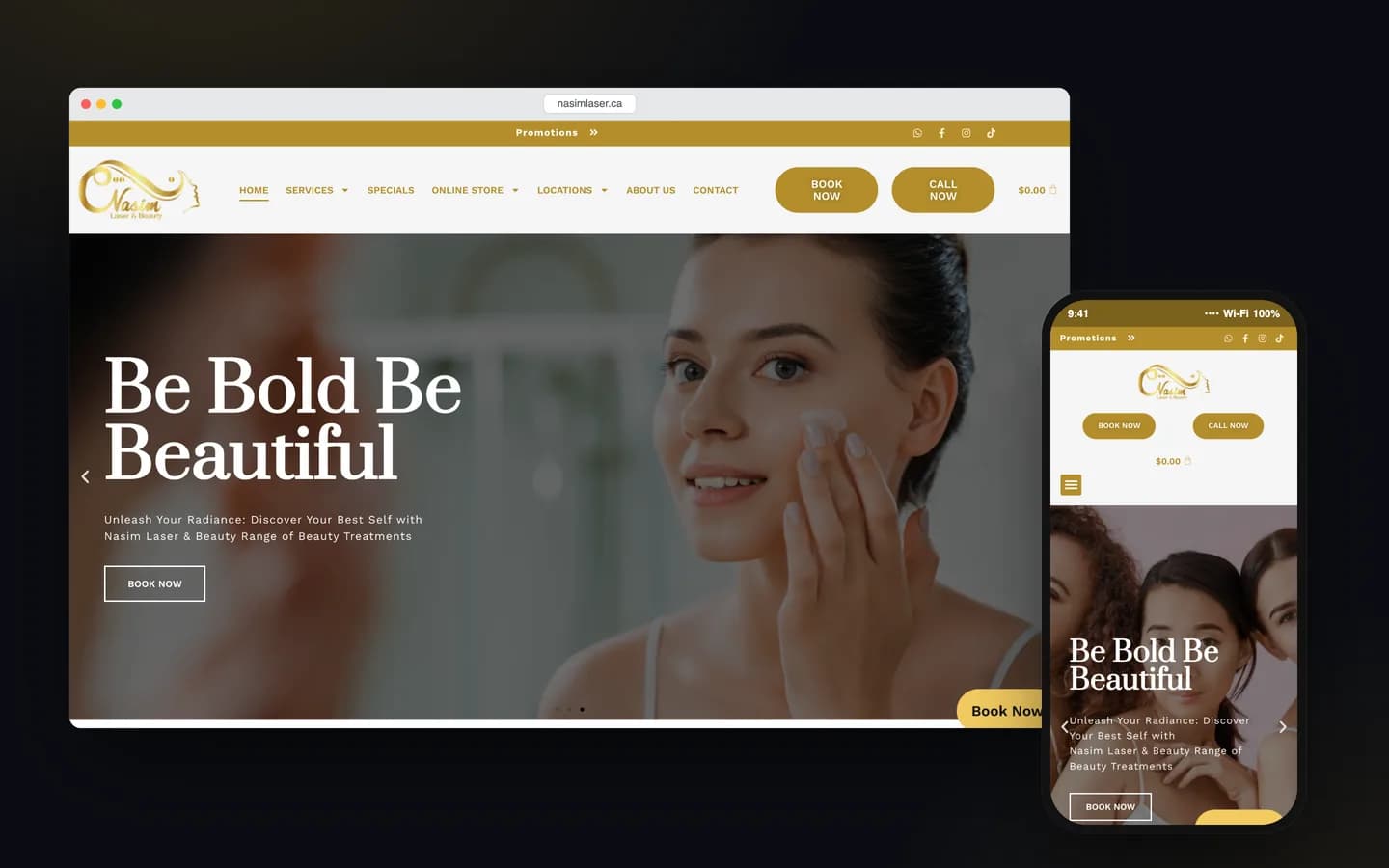 ماکاپ دسکتاپ و موبایل از صفحه اصلی وب‌سایت Nasim Laser & Beauty