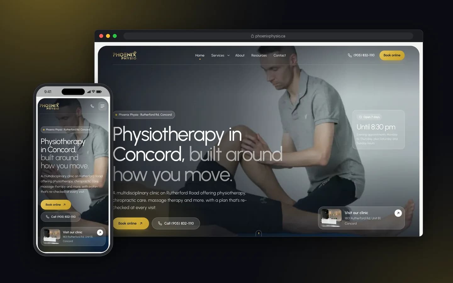 ماکاپ دسکتاپ و موبایل از صفحه اصلی وب‌سایت Phoenix Physio