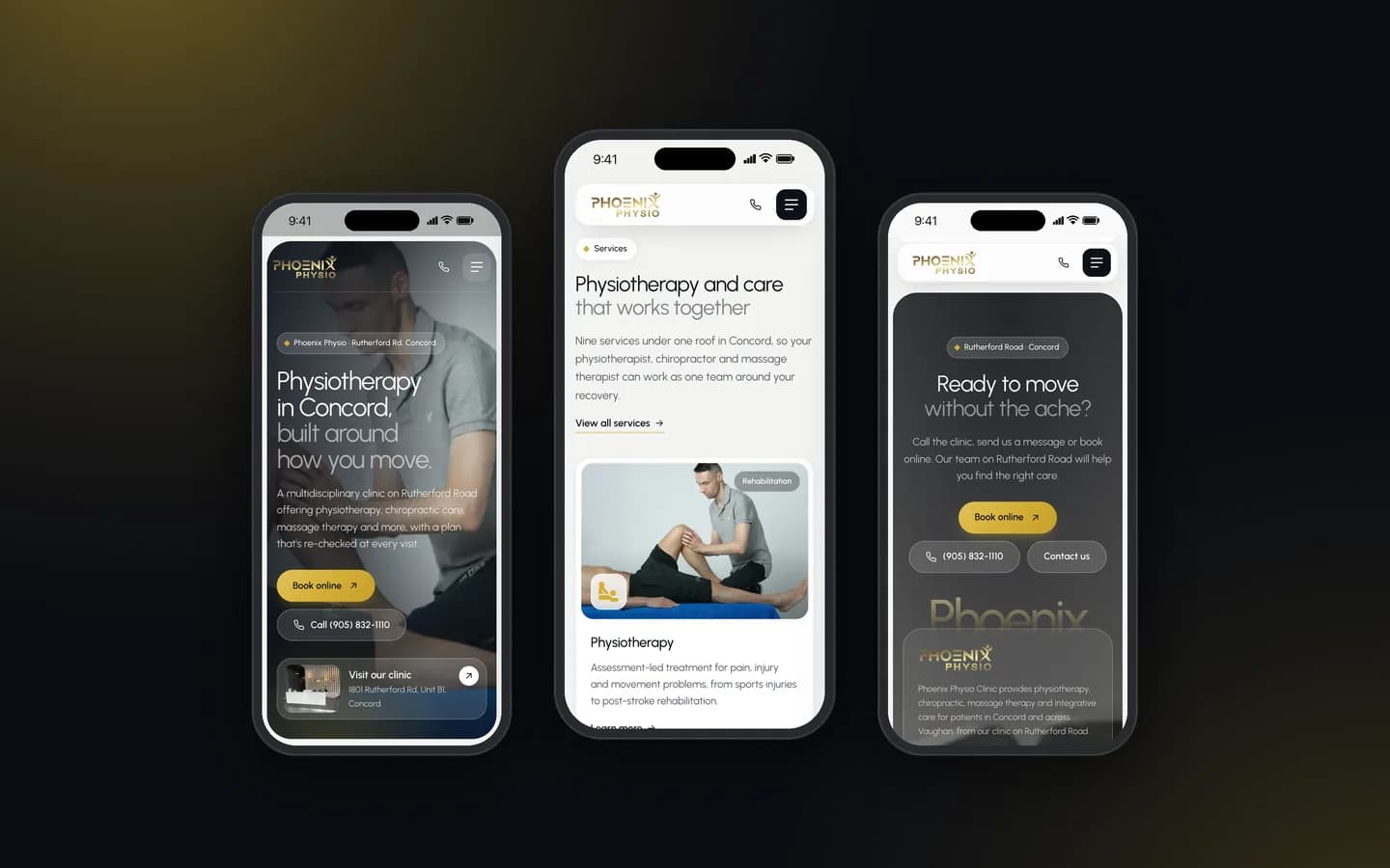 سه نمای موبایل از وب‌سایت Phoenix Physio