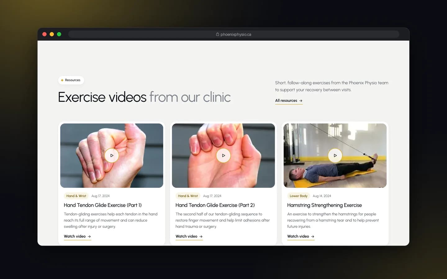 بخش ویدیوهای تمرینی وب‌سایت Phoenix Physio