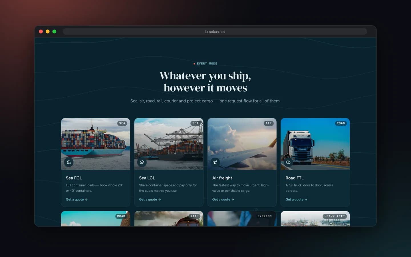 بخش خدمات حمل در وب‌سایت Sokan