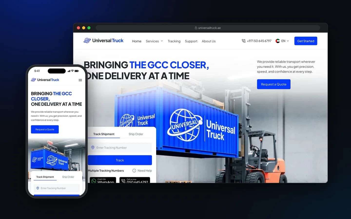 ماکاپ دسکتاپ و موبایل از صفحه اصلی وب‌سایت Universal Truck