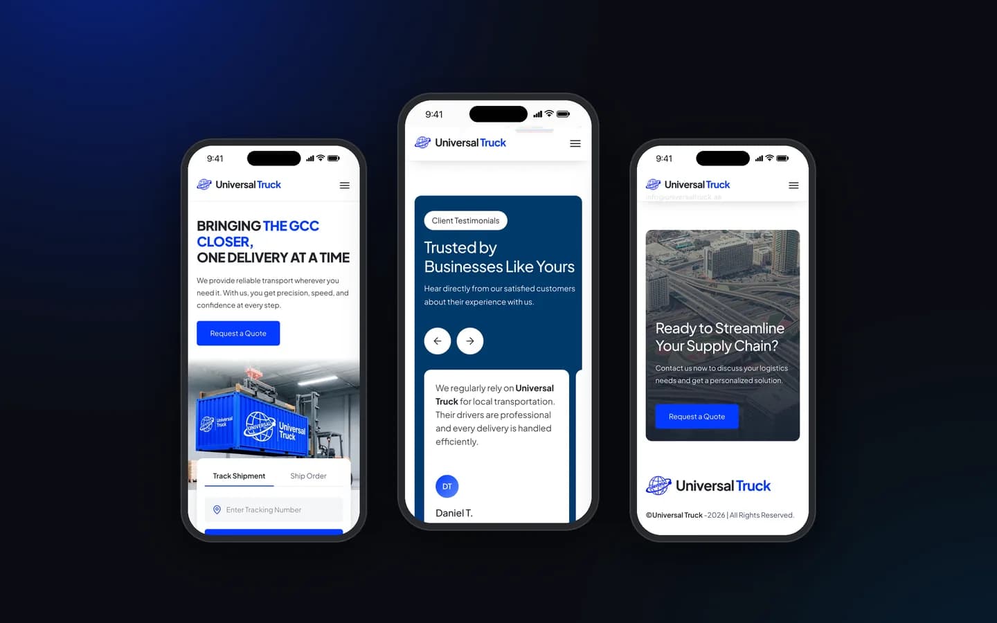 سه نمای موبایل از وب‌سایت Universal Truck