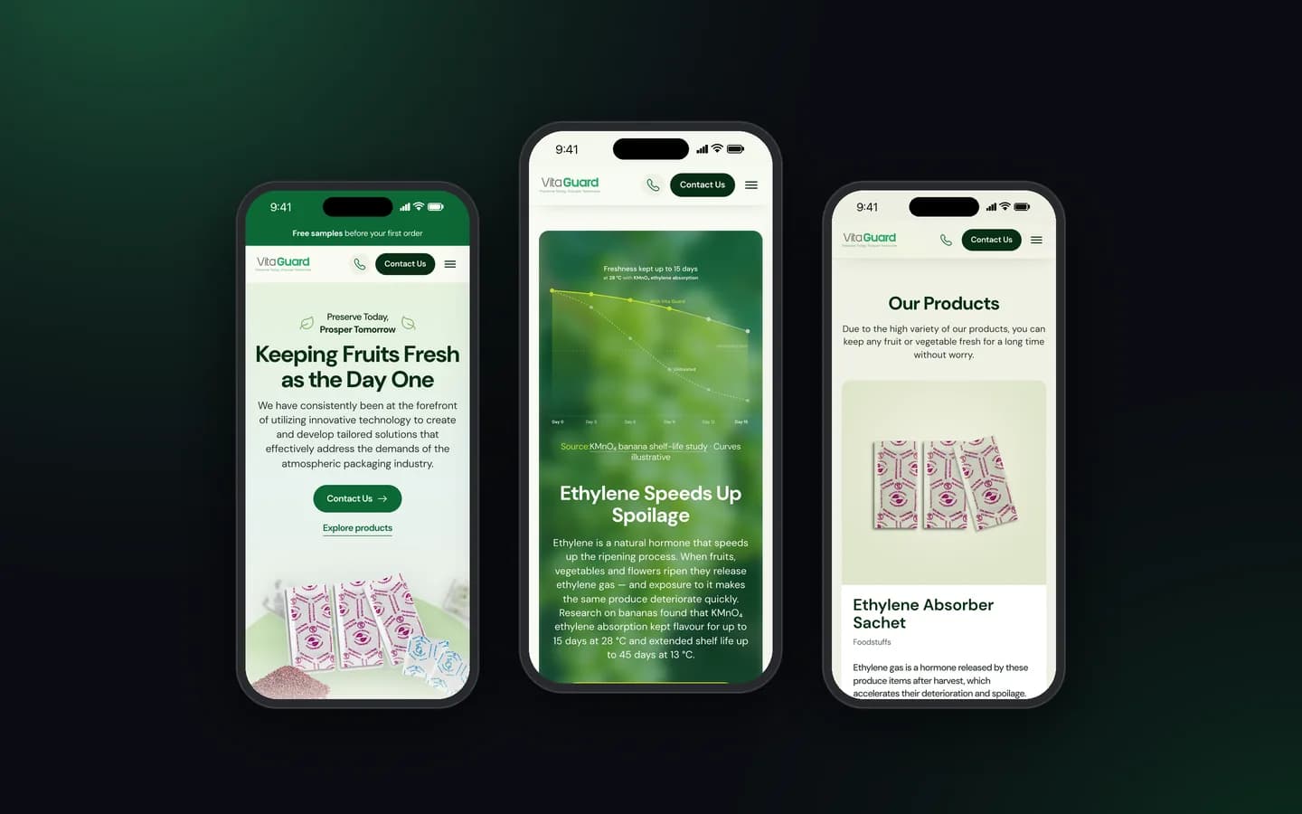 سه نمای موبایل از وب‌سایت Vita Guard