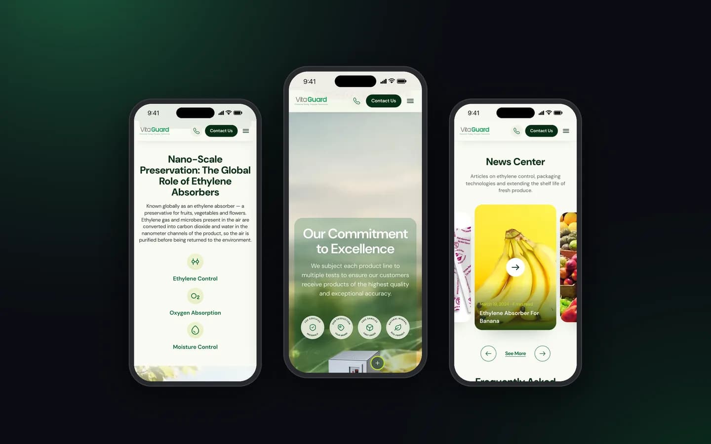 نمای موبایل بخش‌های فناوری، تعهد به کیفیت و مقالات در وب‌سایت Vita Guard