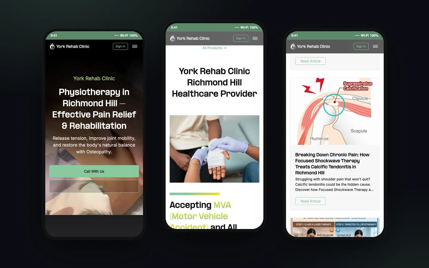 سه نمای موبایل از وب‌سایت York Rehab Clinic