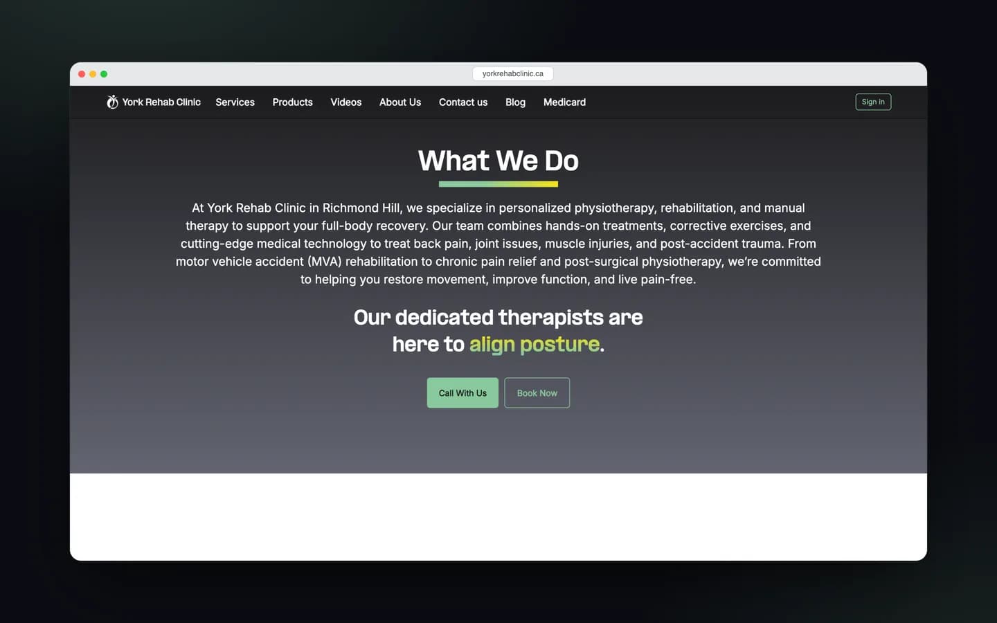 بخش معرفی خدمات وب‌سایت York Rehab Clinic