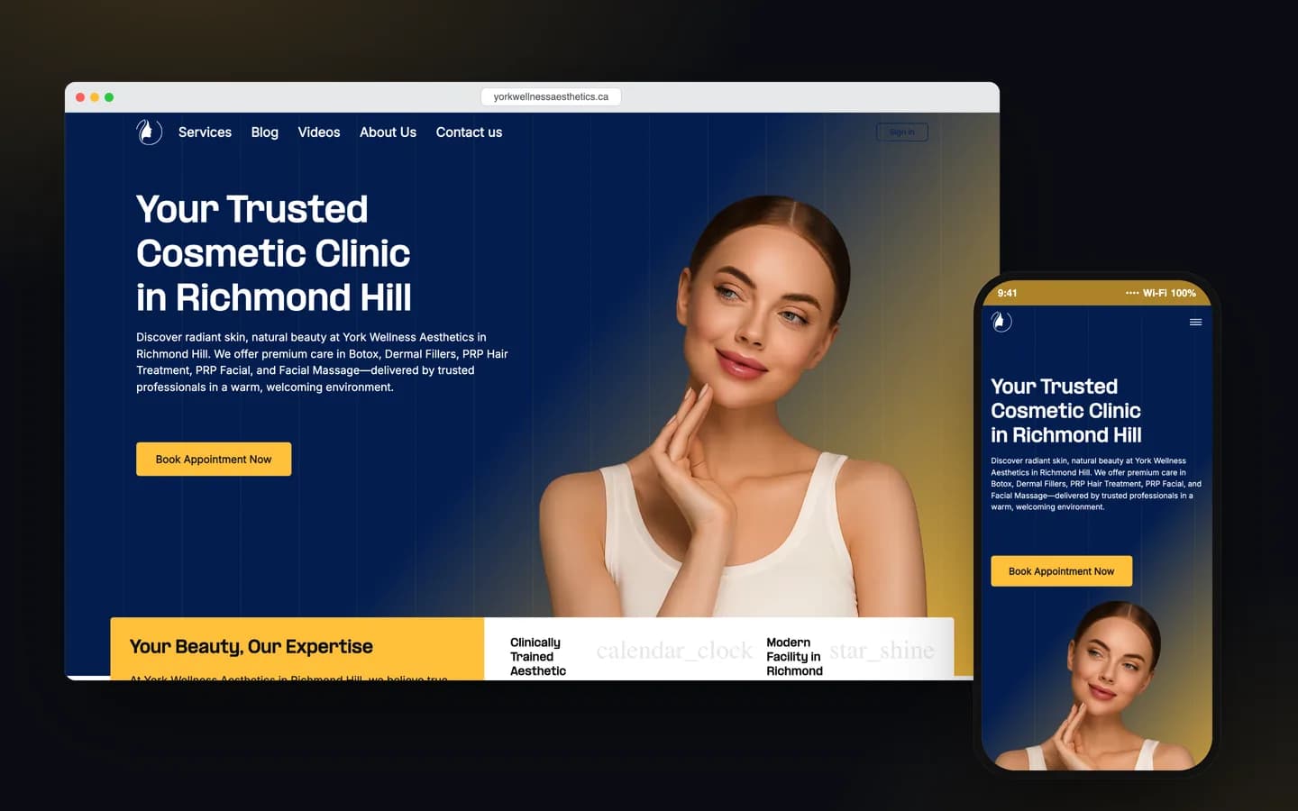 ماکاپ دسکتاپ و موبایل از صفحه اصلی وب‌سایت York Wellness Aesthetics