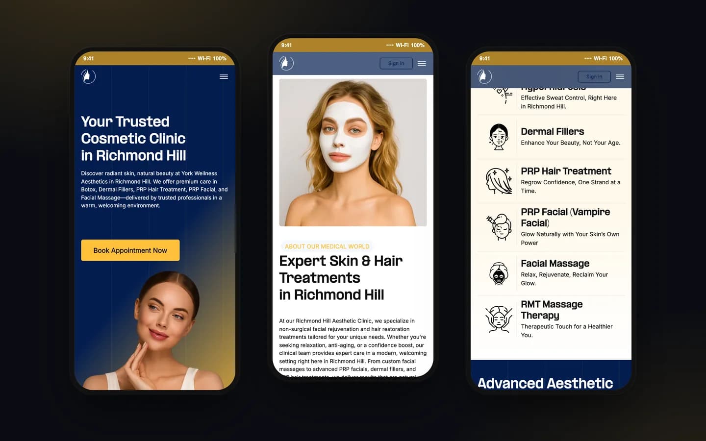 سه نمای موبایل از وب‌سایت York Wellness Aesthetics
