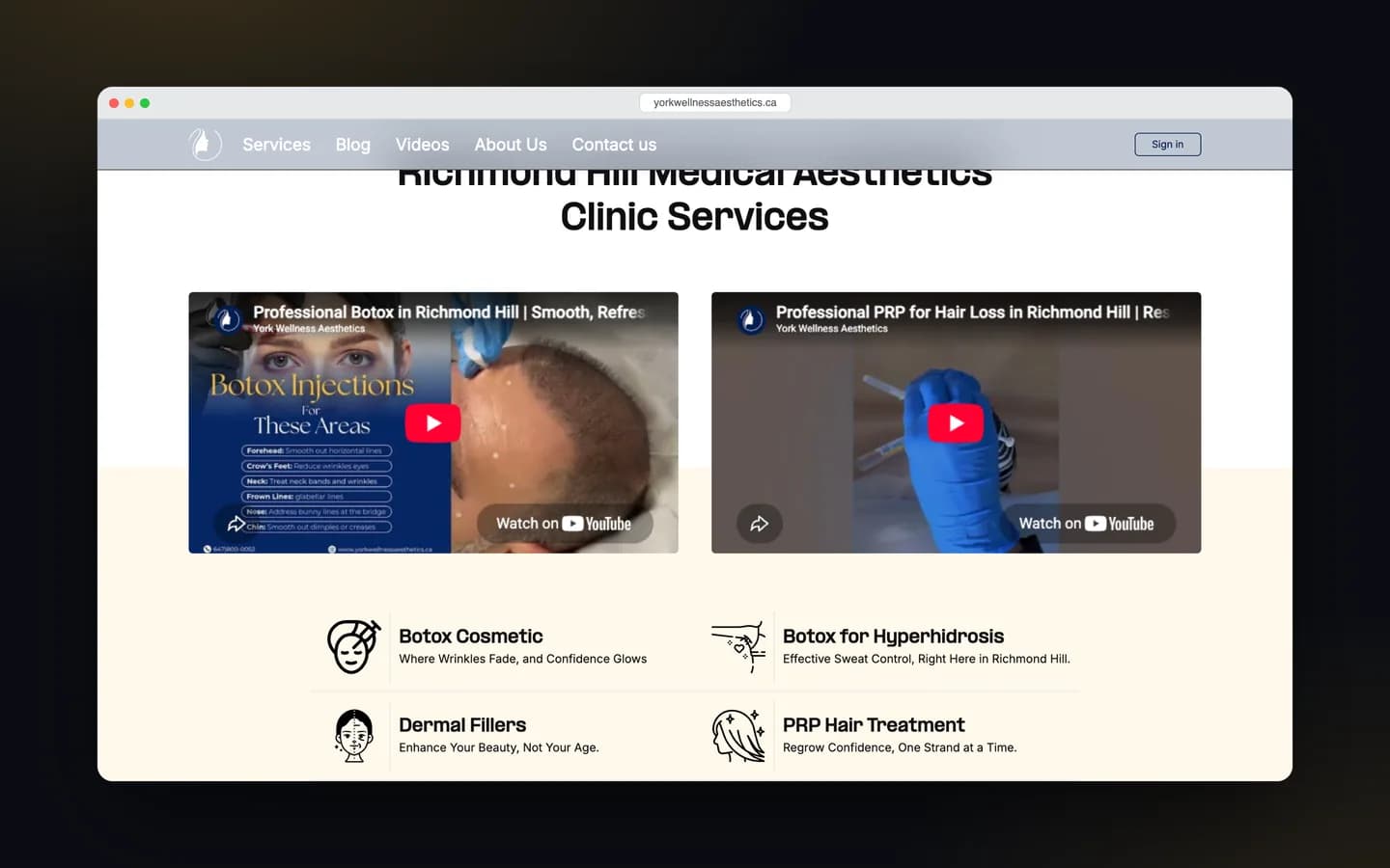 بخش معرفی خدمات وب‌سایت York Wellness Aesthetics